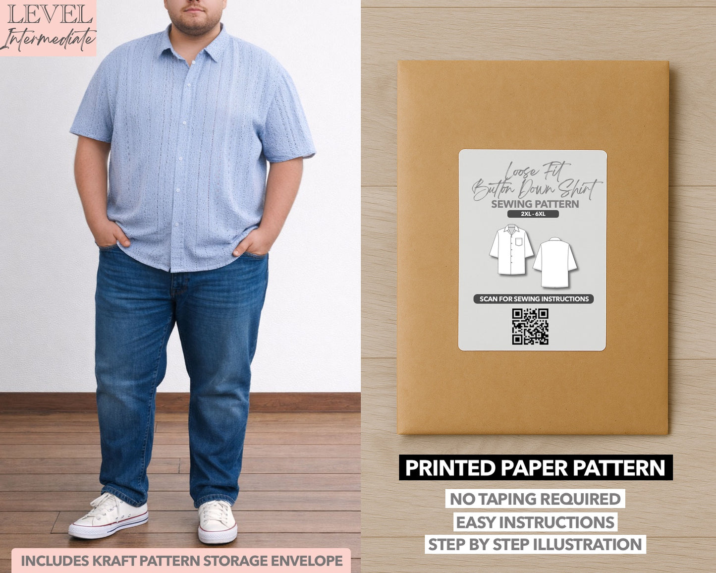 Plus Size Drop Shoulder Loose Fit Button Down Shirt printed sewing pattern with easy instructions and step by step illustrations.