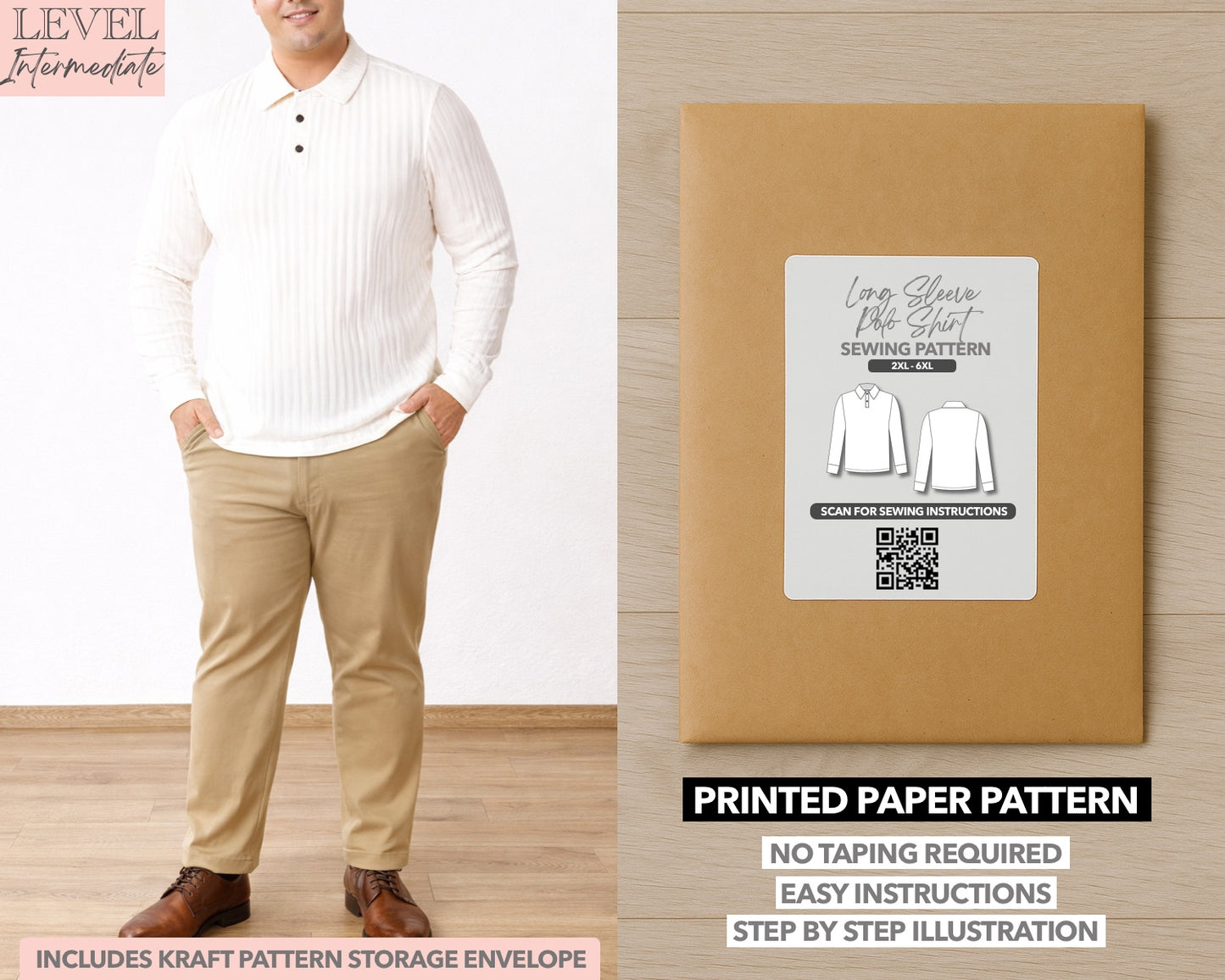 Plus Size Long Sleeve Polo Shirt printed sewing pattern with easy instructions and step by step illustrations.