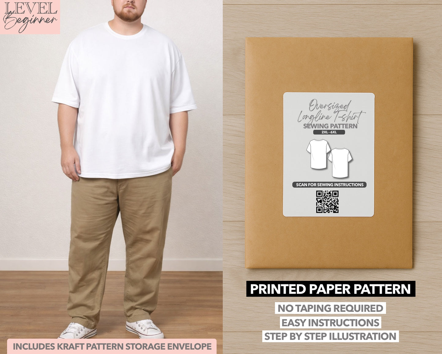 Plus Size Men Oversized Longline Tee printed sewing pattern with easy instructions and step by step illustrations.