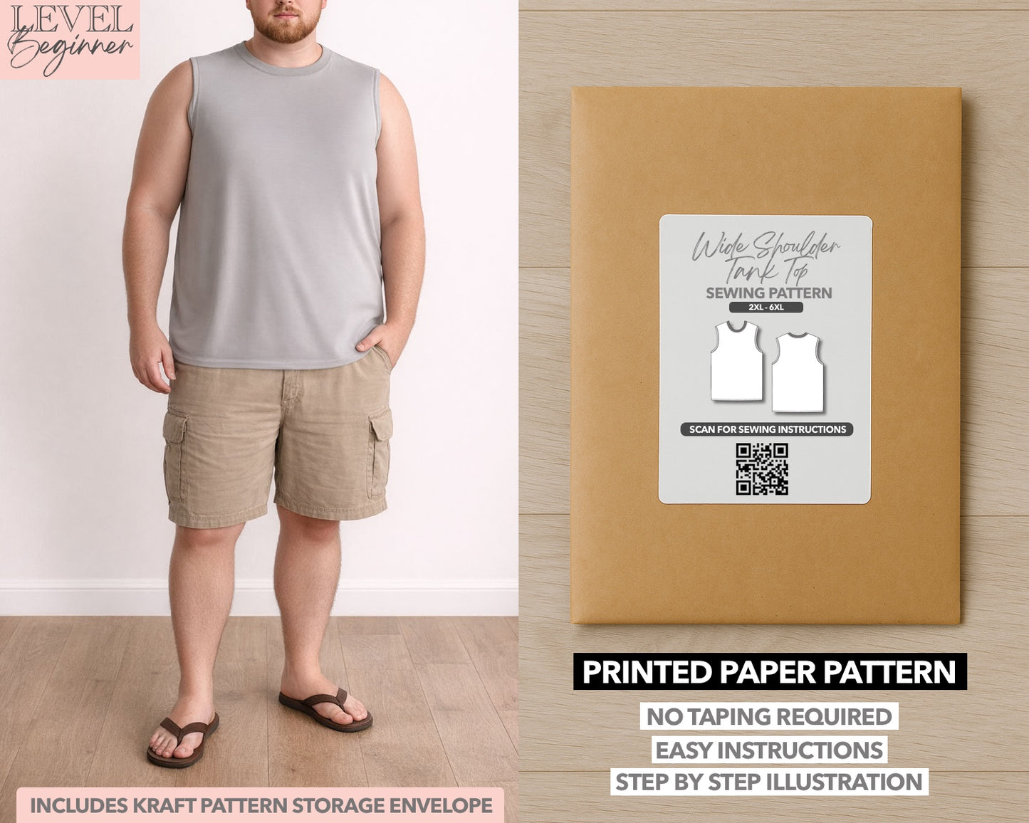 Plus Size Wide Shoulder Tank Top printed sewing pattern with easy instructions and step by step illustrations.