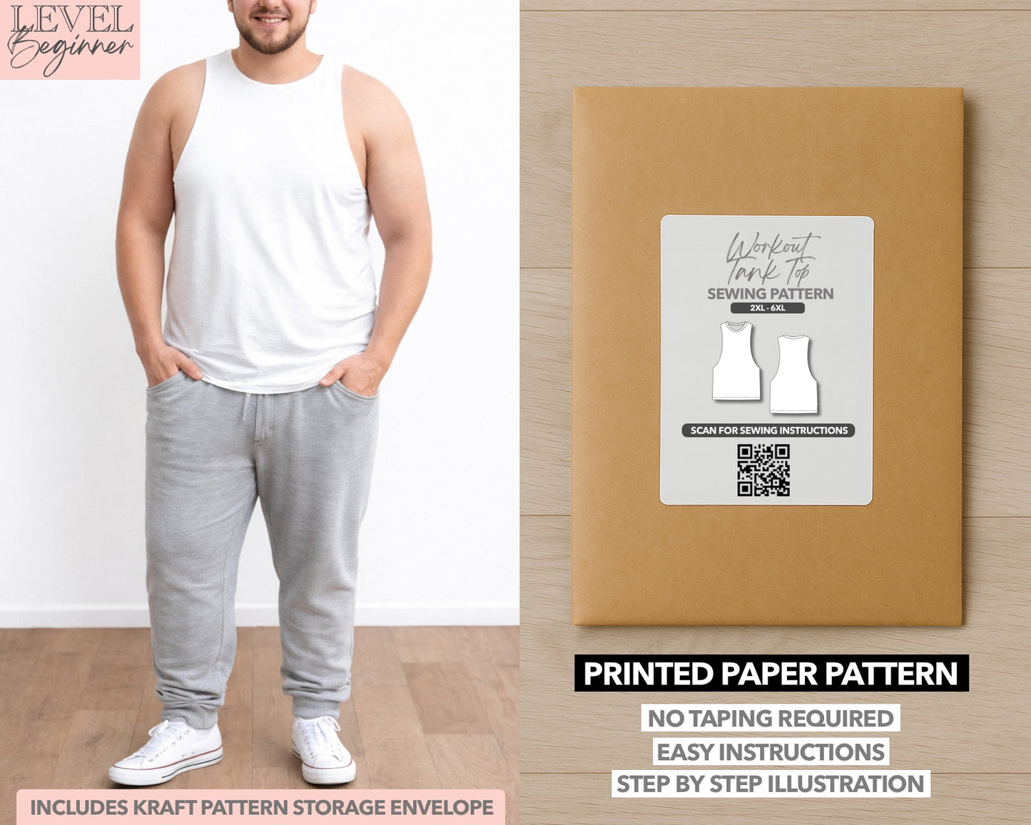 Plus Size Workout Tank Top printed sewing pattern with easy instructions and step by step illustrations.