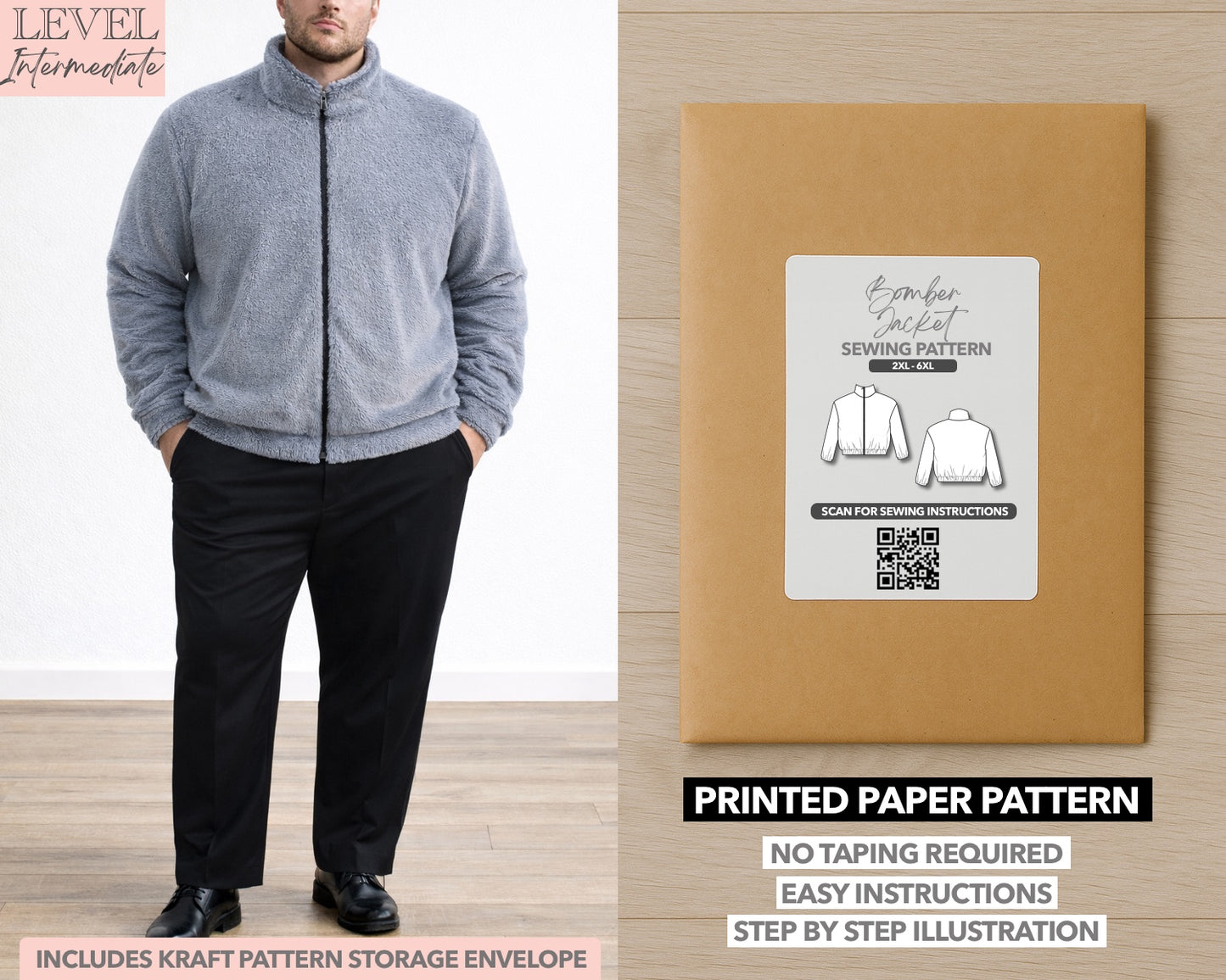 Plus Size Mens Bomber Jacket printed sewing pattern with easy instructions and step by step illustrations.