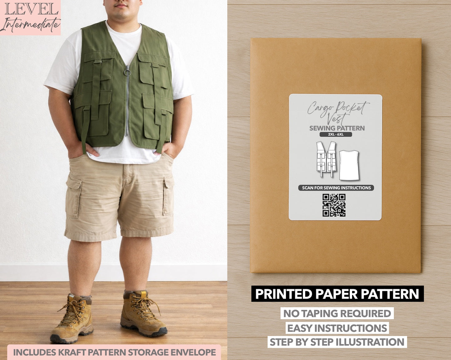 Plus Size Men Cargo Pocket Vest printed sewing pattern with easy instructions and step by step illustrations.