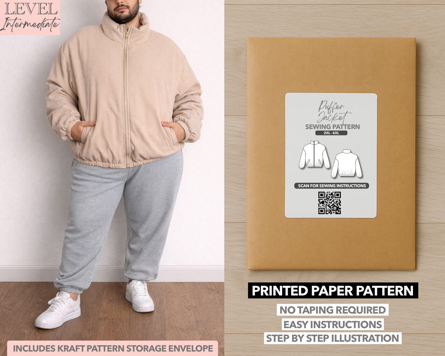 Plus Size Mens Puffer Jacket printed sewing pattern with easy instructions and step by step illustrations.