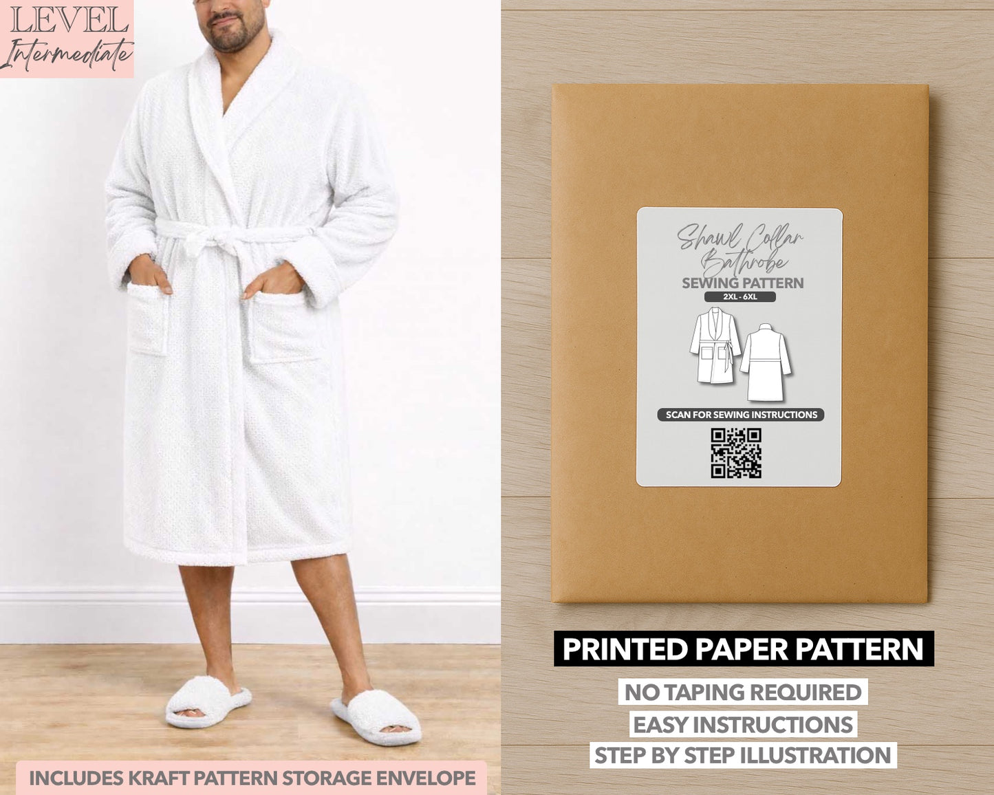 Plus Size Mens Shawl Collar Bathrobe printed sewing pattern with easy instructions and step by step illustrations.