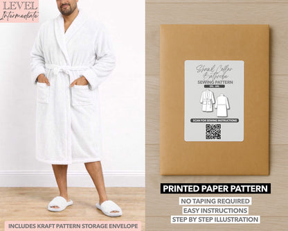 Plus Size Mens Shawl Collar Bathrobe printed sewing pattern with easy instructions and step by step illustrations.