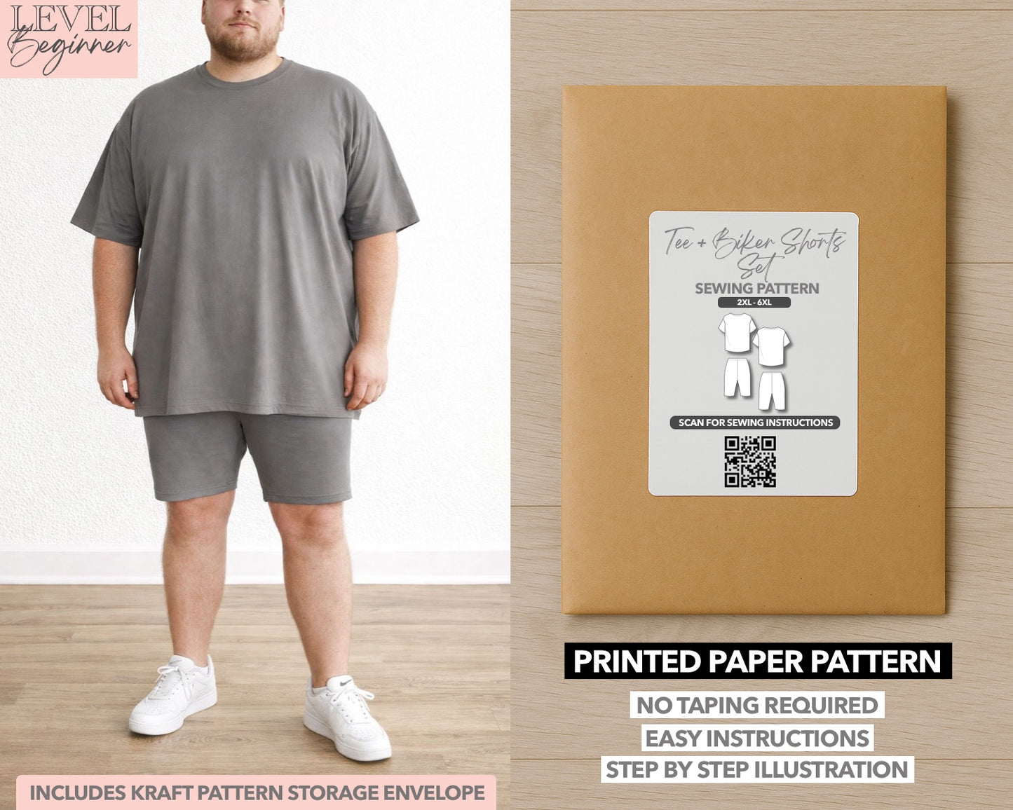 Mens Tee and Biker Shorts Set printed sewing pattern with easy instructions and step by step illustrations.