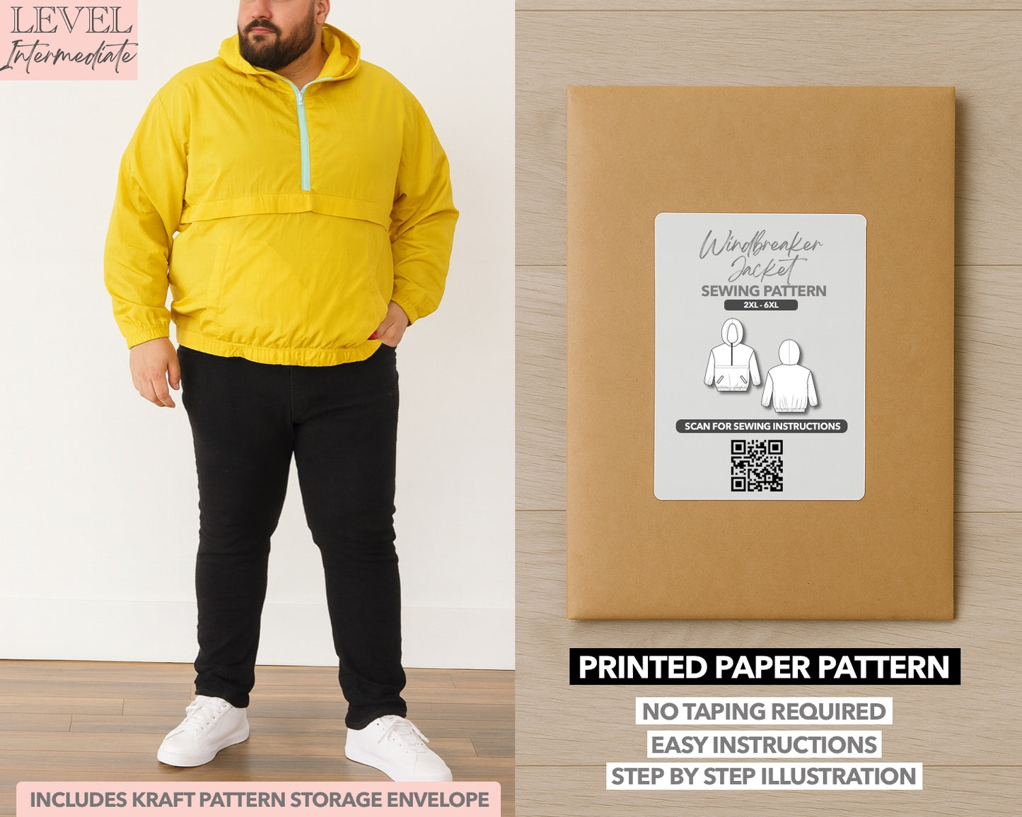 Plus Size Mens Windbreaker Jacket printed sewing pattern with easy instructions and step by step illustrations.