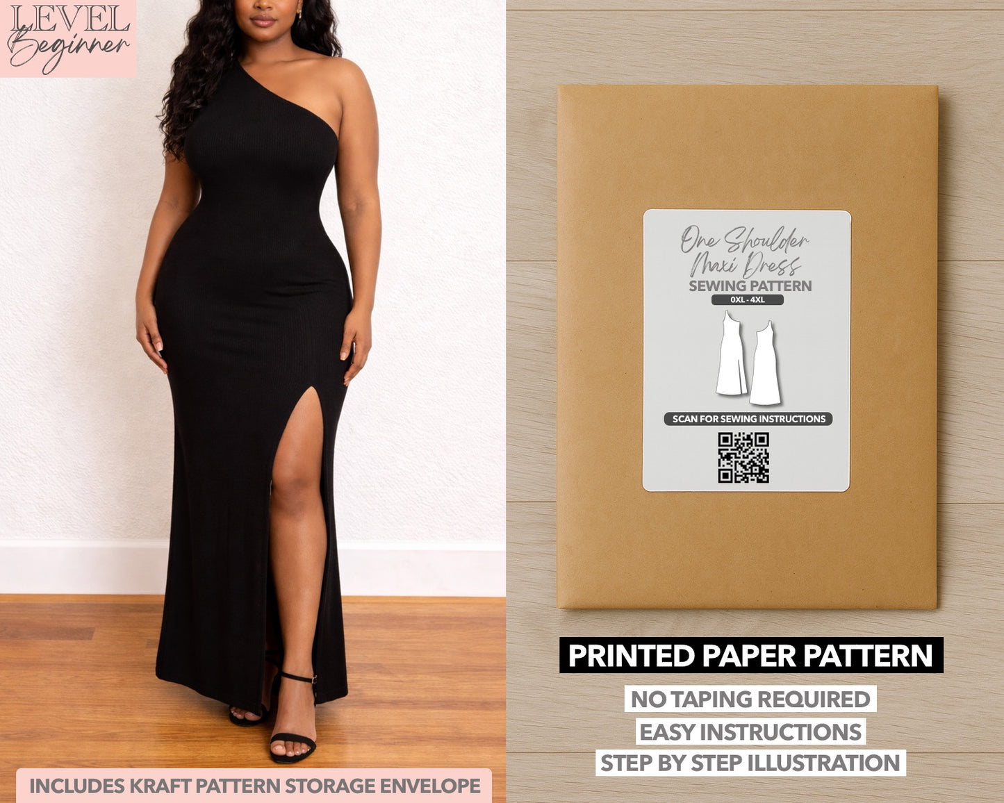 Plus Size One Shoulder Maxi Dress printed sewing pattern with easy instructions and step by step illustrations.