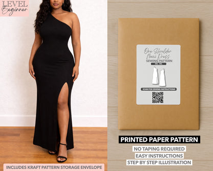 Plus Size One Shoulder Maxi Dress printed sewing pattern with easy instructions and step by step illustrations.