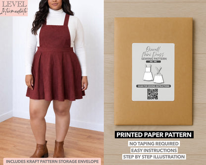 Plus Size Overall Mini Dress printed sewing pattern with easy instructions and step by step illustrations.