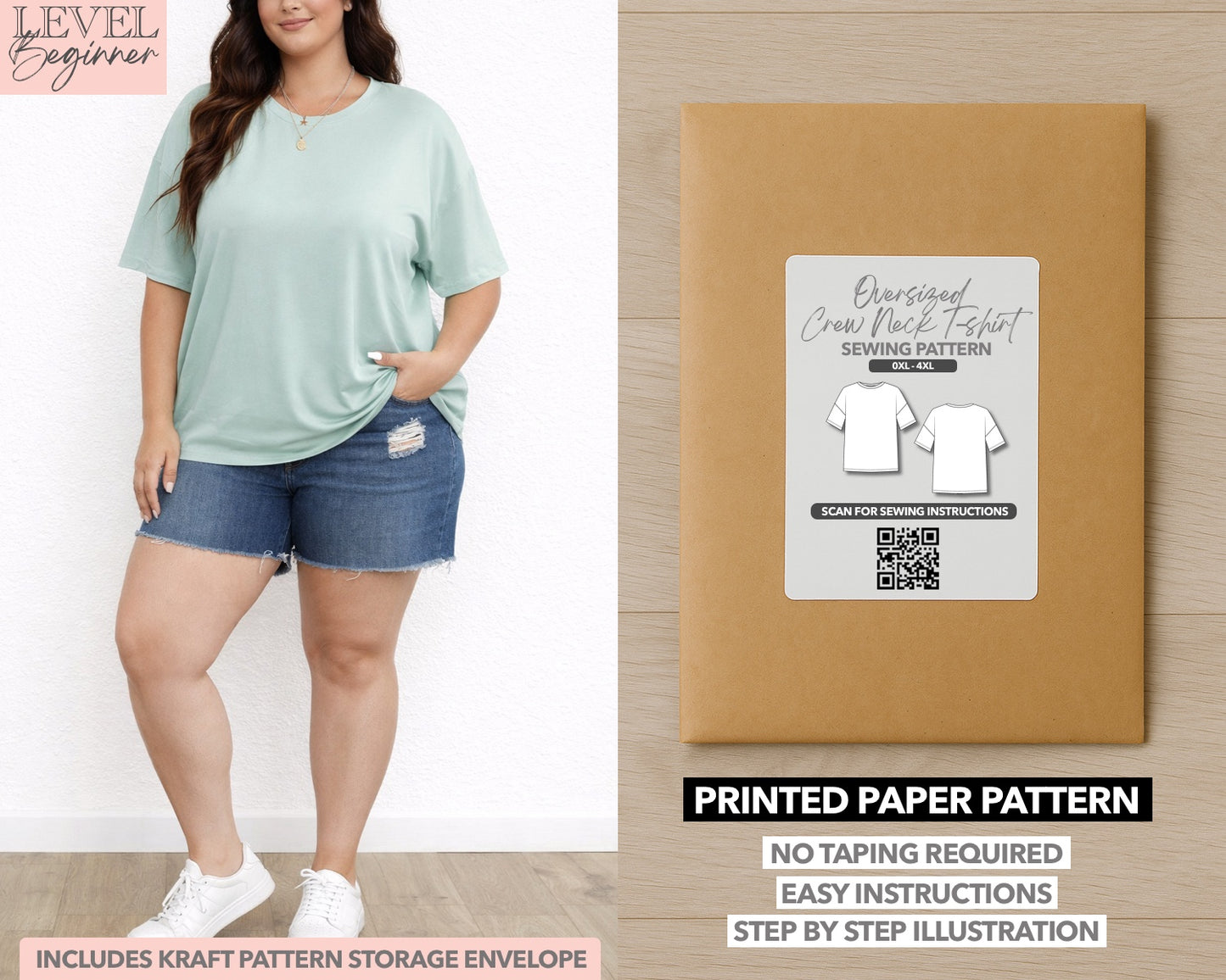 Plus Size Oversized Crew Neck T-Shirt printed sewing pattern with easy instructions and step by step illustrations.