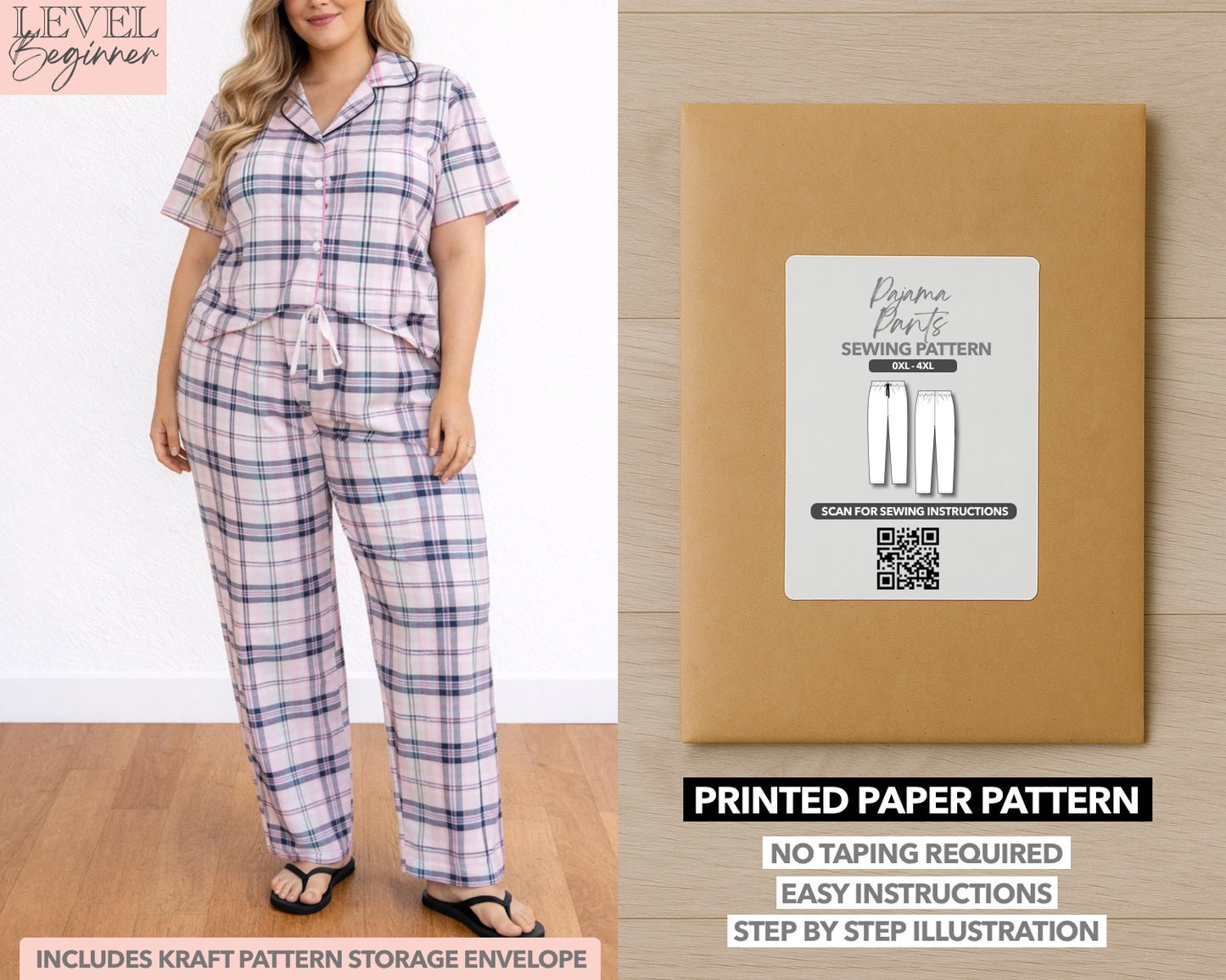 Plus Size Pajama Pants printed sewing pattern with easy instructions and step by step illustrations.