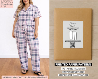 Plus Size Pajama Pants printed sewing pattern with easy instructions and step by step illustrations.