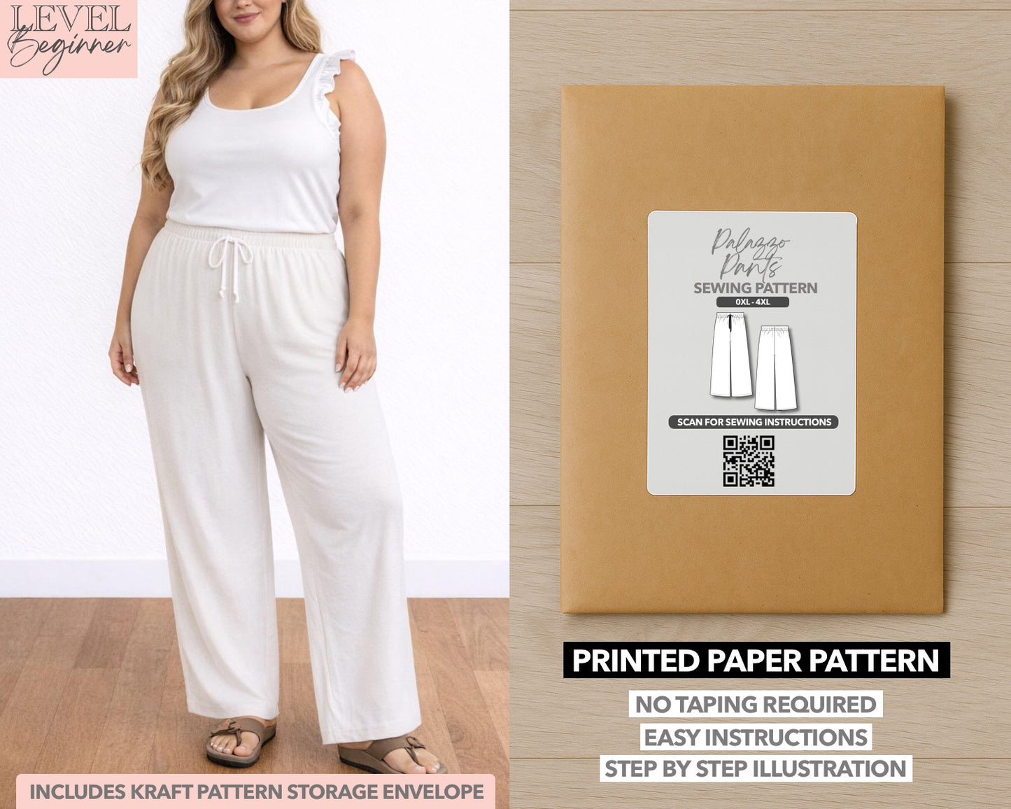 Plus Size Palazzo Pants printed sewing pattern with easy instructions and step by step illustrations.