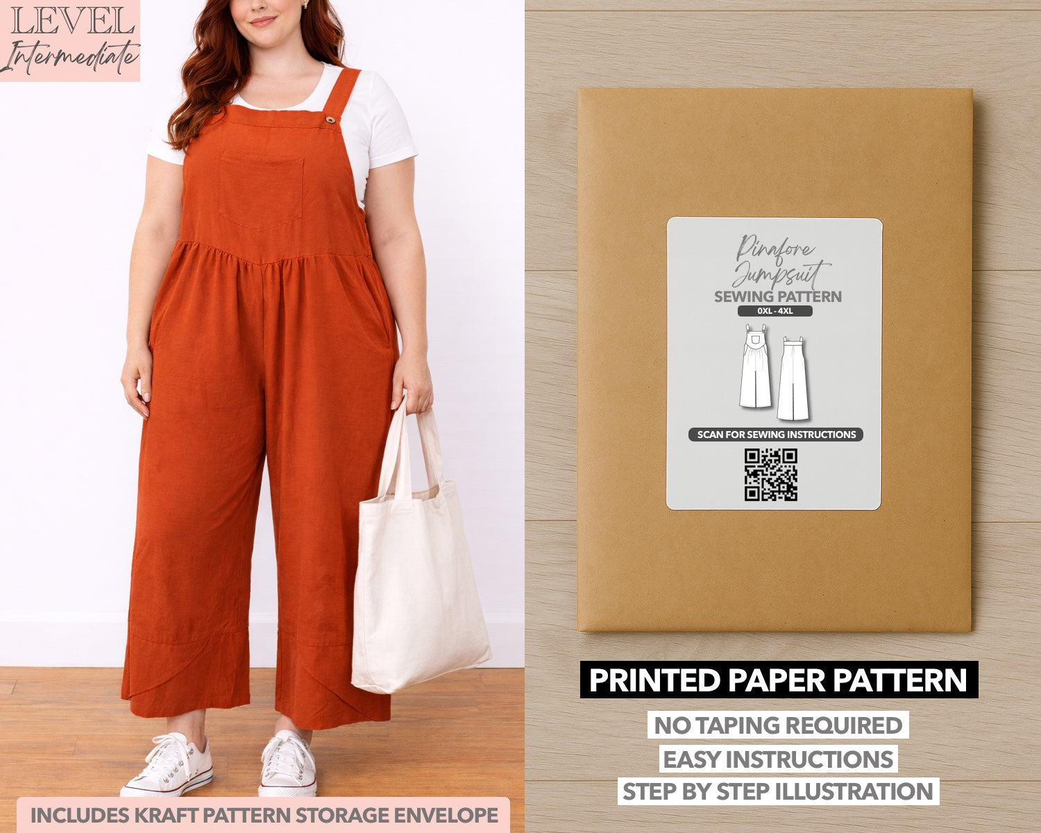 Plus Size Pinafore Jumpsuit printed sewing pattern with easy instructions and step by step illustrations.