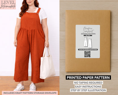 Plus Size Pinafore Jumpsuit printed sewing pattern with easy instructions and step by step illustrations.