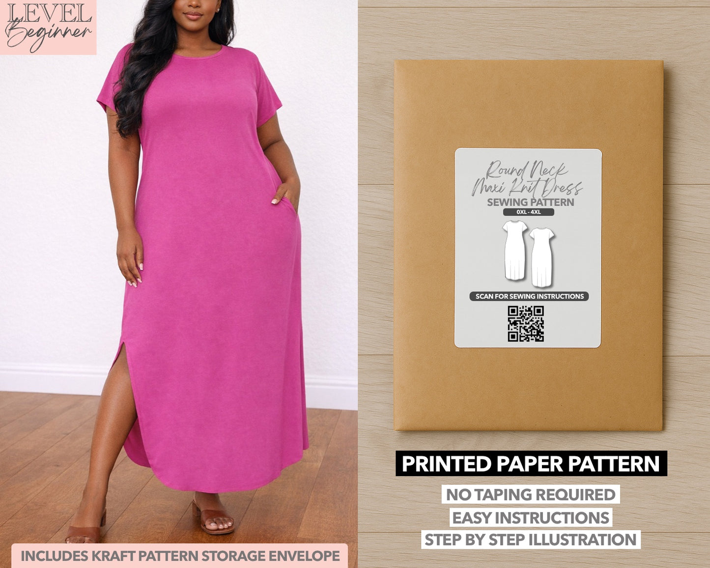 Plus Size Round Neck Maxi Knit Dress printed sewing pattern with easy instructions and step by step illustrations.