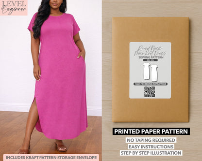 Plus Size Round Neck Maxi Knit Dress printed sewing pattern with easy instructions and step by step illustrations.