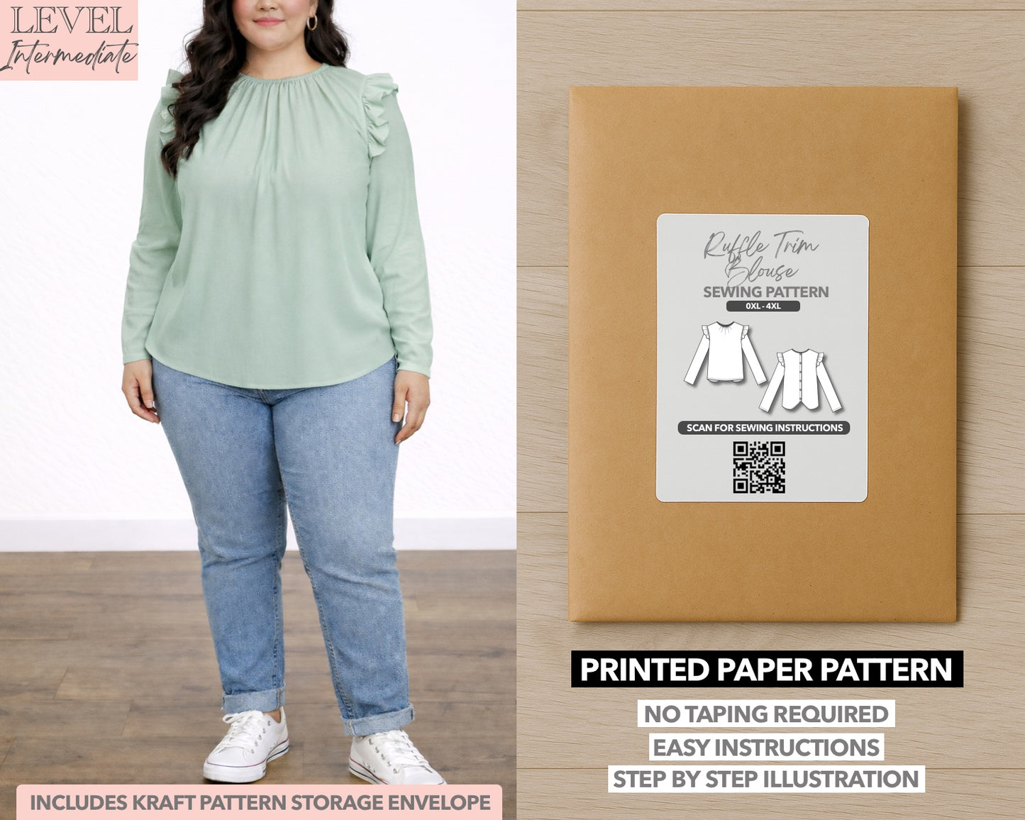 Plus Size Ruffle Trim Button Back Blouse printed sewing pattern with easy instructions and step by step illustrations.