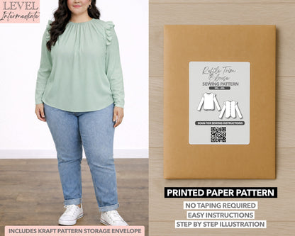 Plus Size Ruffle Trim Button Back Blouse printed sewing pattern with easy instructions and step by step illustrations.