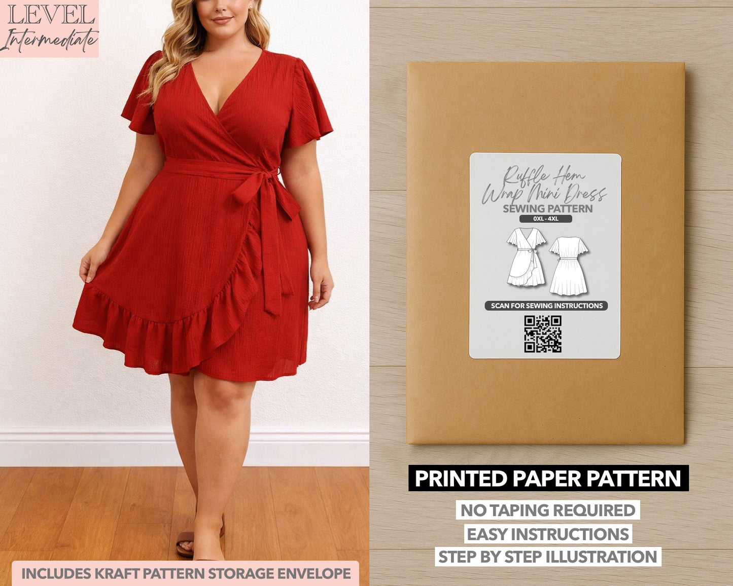 Plus Size Ruffle Hem Wrap Mini Dress printed sewing pattern with easy instructions and step by step illustrations.