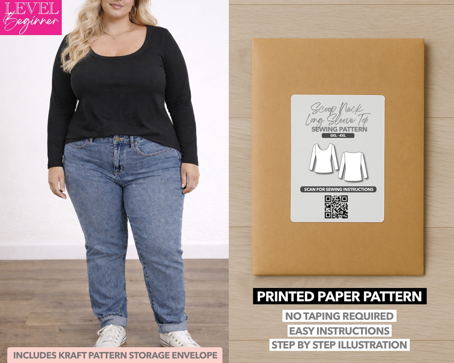 Plus Size Scoop Neck Long Sleeve Top printed sewing pattern with easy instructions and step by step illustrations.