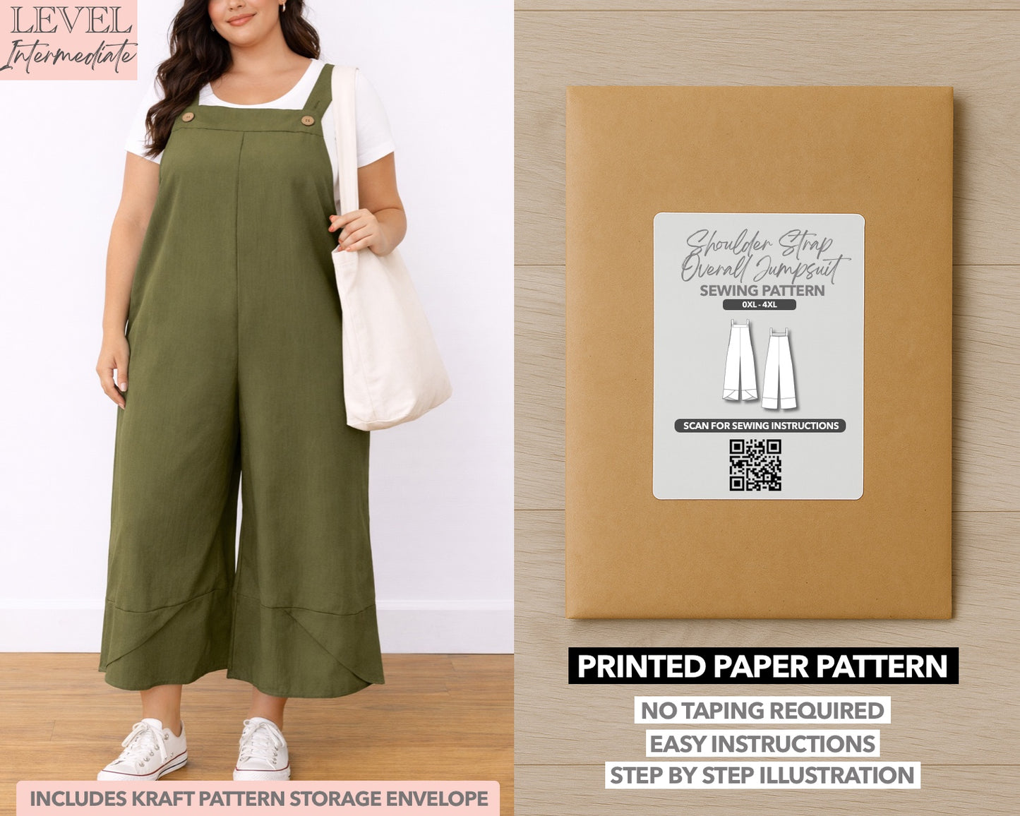Plus Size Shoulder  Strap Pocket Overall Jumpsuit printed sewing pattern with easy instructions and step by step illustrations.
