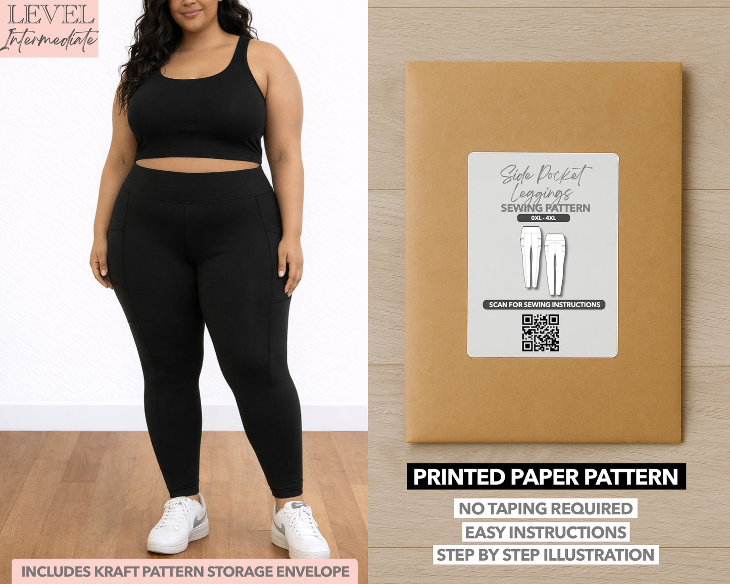 Plus Size Side Pocket Leggings printed sewing pattern with easy instructions and step by step illustrations.