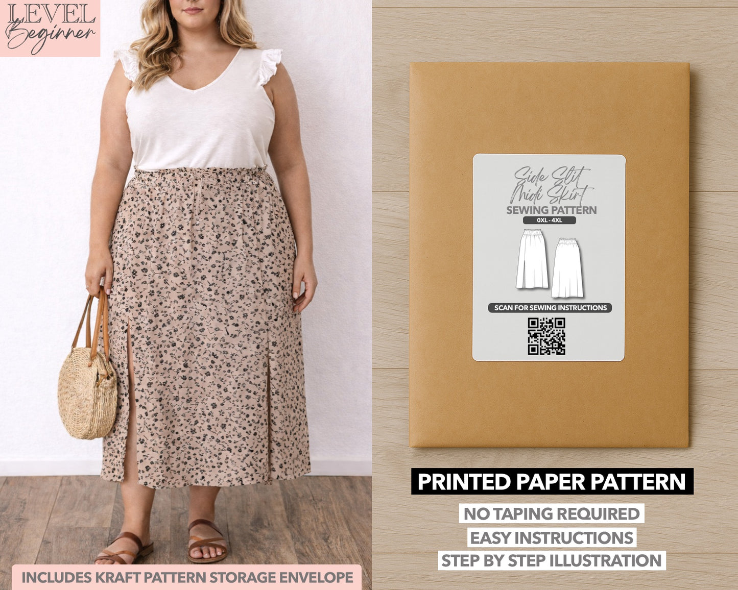 Plus Size Slit Midi Skirt printed sewing pattern with easy instructions and step by step illustrations.