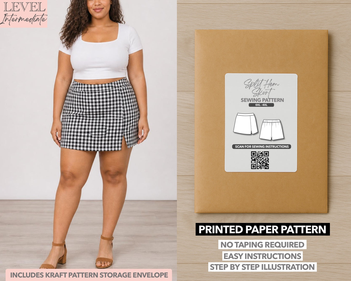 Plus Size Split Hem Skort printed sewing pattern with easy instructions and step by step illustrations.
