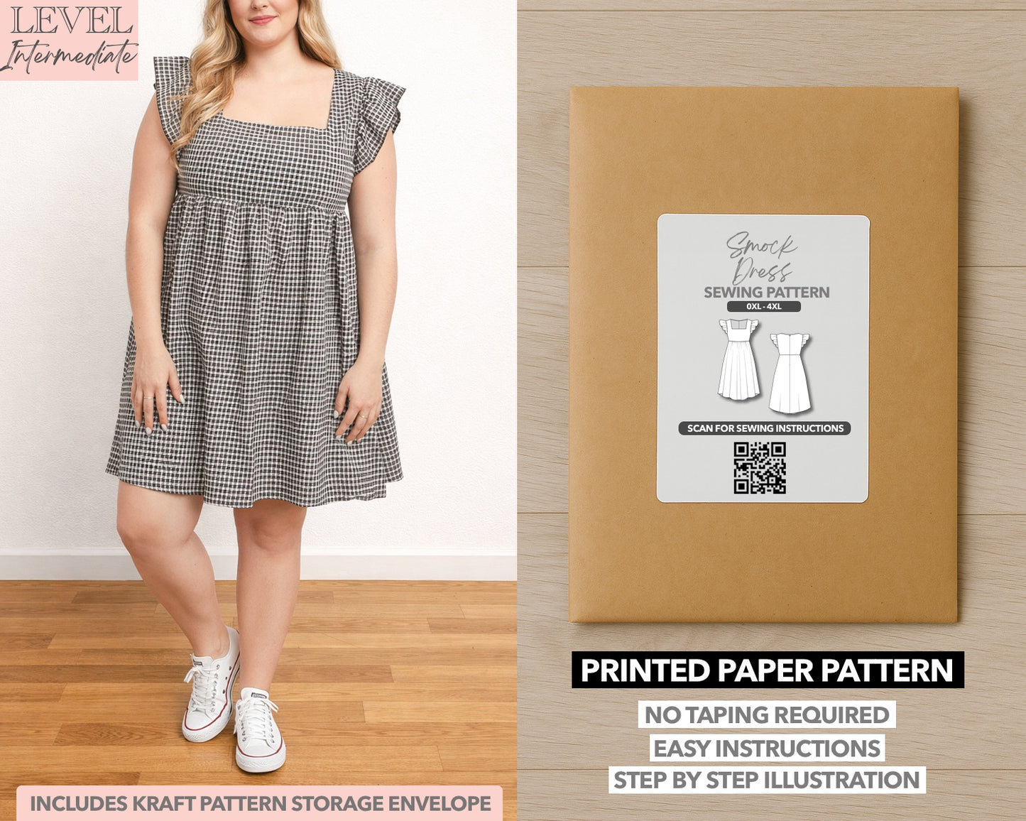 Plus Size Square Neck Butterfly Sleeve Smock Dress printed sewing pattern with easy instructions and step by step illustrations.