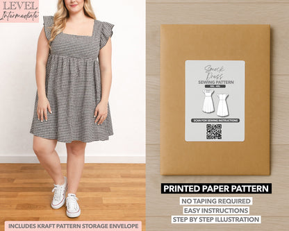 Plus Size Square Neck Butterfly Sleeve Smock Dress printed sewing pattern with easy instructions and step by step illustrations.