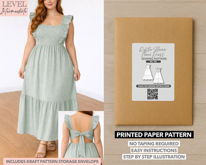 Plus Size Square Neck Ruffled Sleeve Maxi Dress printed sewing pattern with easy instructions and step by step illustrations.