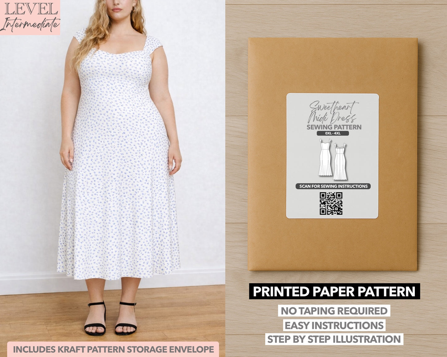 Plus Size Sweetheart Cap Sleeve Midi Dress printed sewing pattern with easy instructions and step by step illustrations.