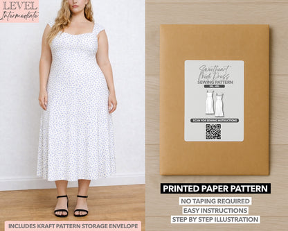 Plus Size Sweetheart Cap Sleeve Midi Dress printed sewing pattern with easy instructions and step by step illustrations.