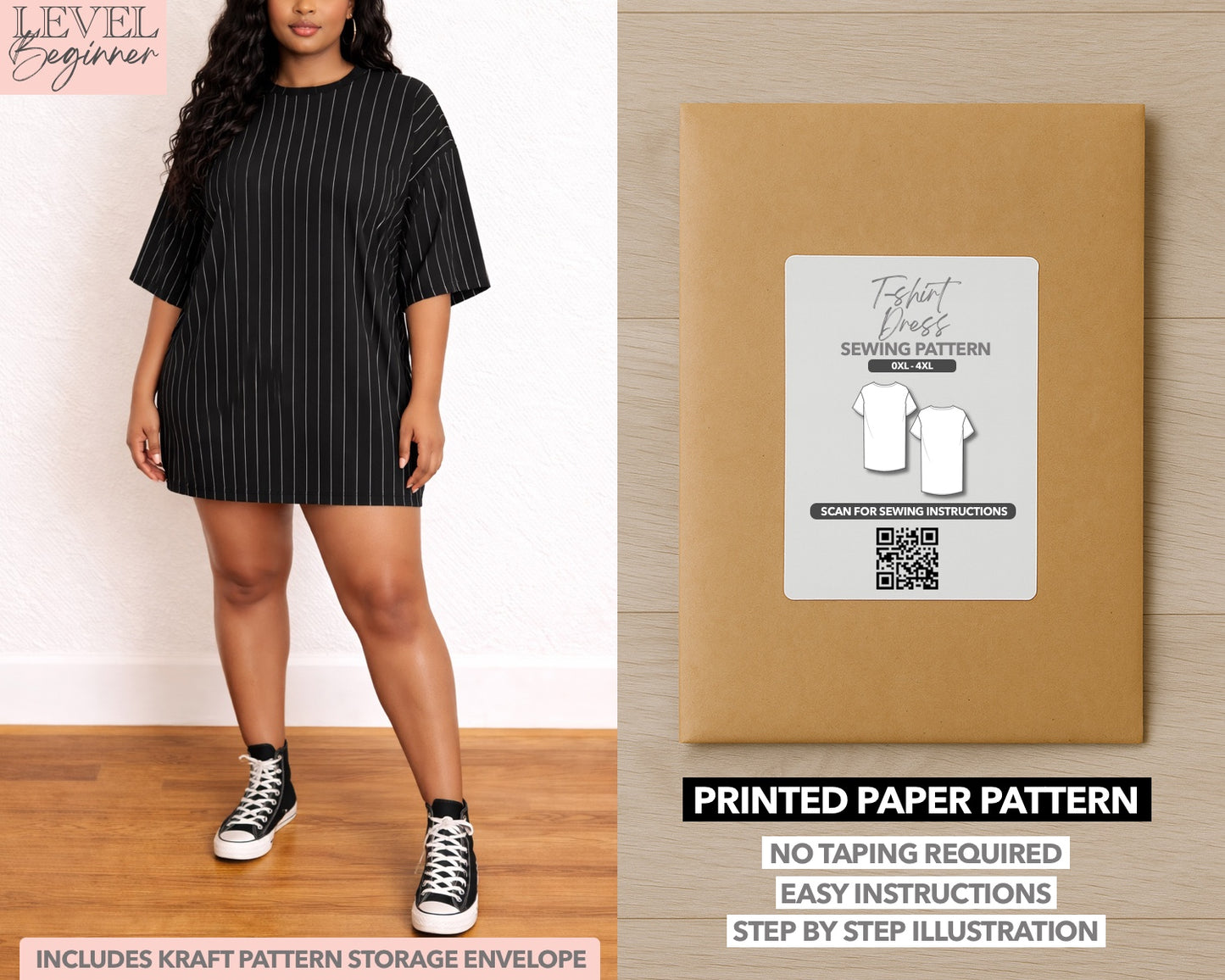 Plus Size T-Shirt Dress printed sewing pattern with easy instructions and step by step illustrations.