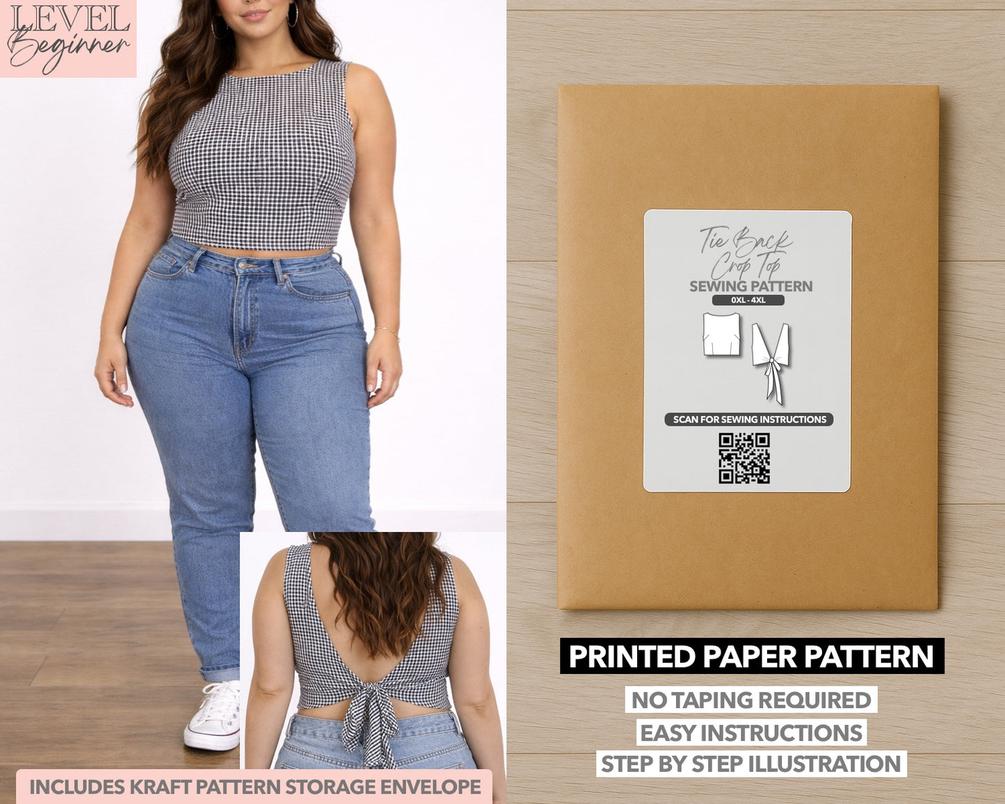 Plus Size Tie Back Crop Top printed sewing pattern with easy instructions and step by step illustrations.