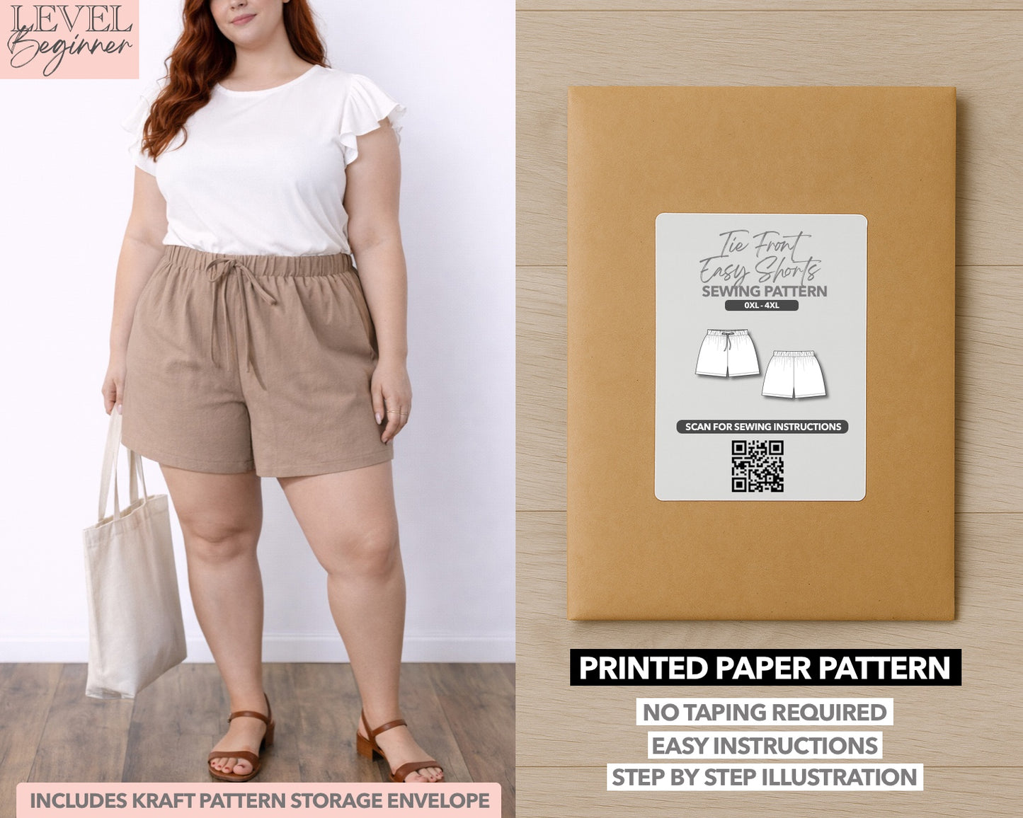 Plus Size Tie Front Easy Shorts printed sewing pattern with easy instructions and step by step illustrations.