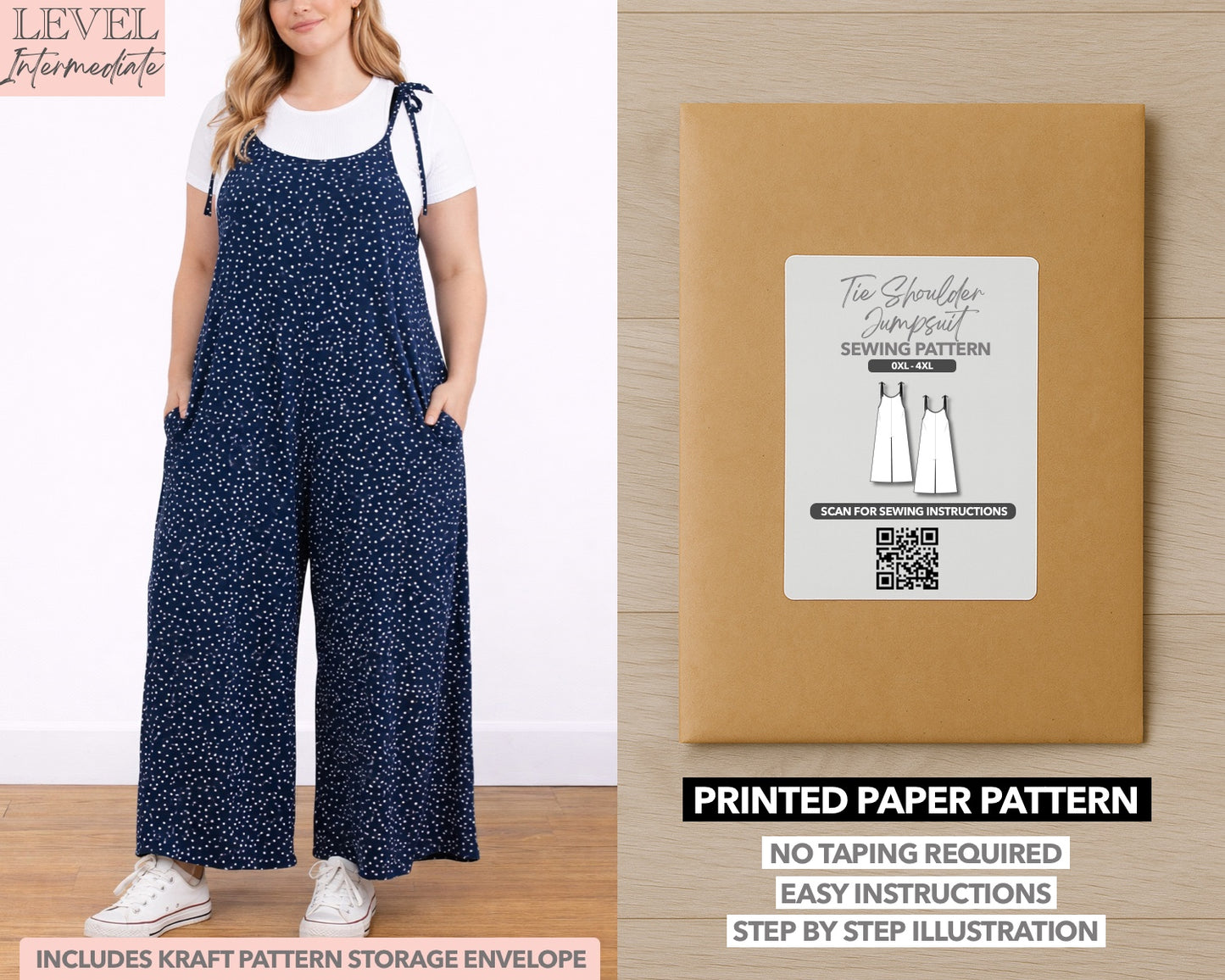 Plus Size Tie Shoulder Jumpsuit printed sewing pattern with easy instructions and step by step illustrations.