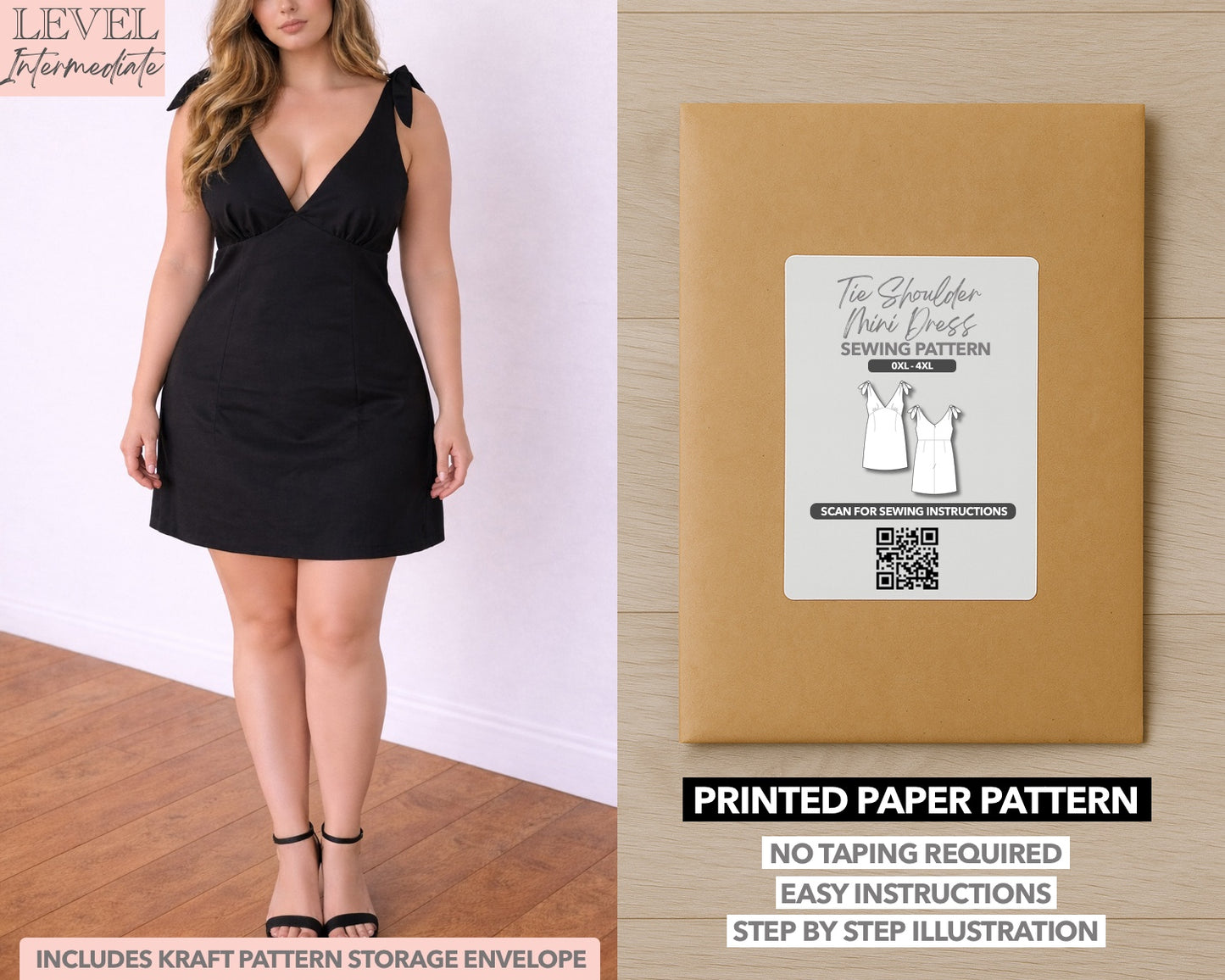 Plus Size Tie Shoulder Mini Dress printed sewing pattern with easy instructions and step by step illustrations.