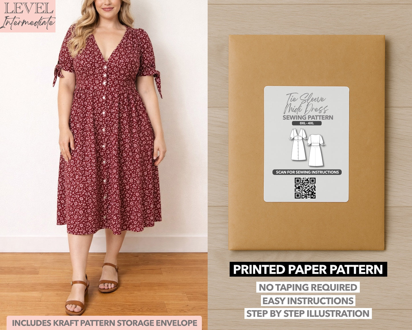 Plus Size Tie Sleeve Button Front Midi Dress printed sewing pattern with easy instructions and step by step illustrations.