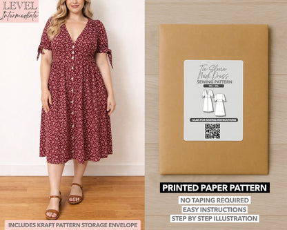 Plus Size Tie Sleeve Button Front Midi Dress printed sewing pattern with easy instructions and step by step illustrations.