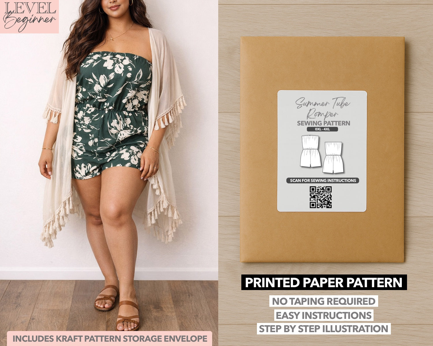 Plus Size Tube Romper printed sewing pattern with easy instructions and step by step illustrations.