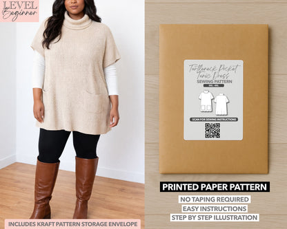 Plus Size Turtleneck Pocket Sweater Tunic Dress printed sewing pattern with easy instructions and step by step illustrations.