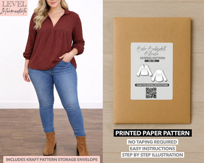Plus Size V-Neck Gathered Babydoll Blouse printed sewing pattern with easy instructions and step by step illustrations.