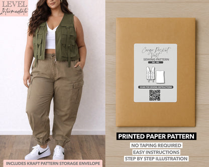 Plus Size Women Cargo Pocket Vest printed sewing pattern with easy instructions and step by step illustrations.