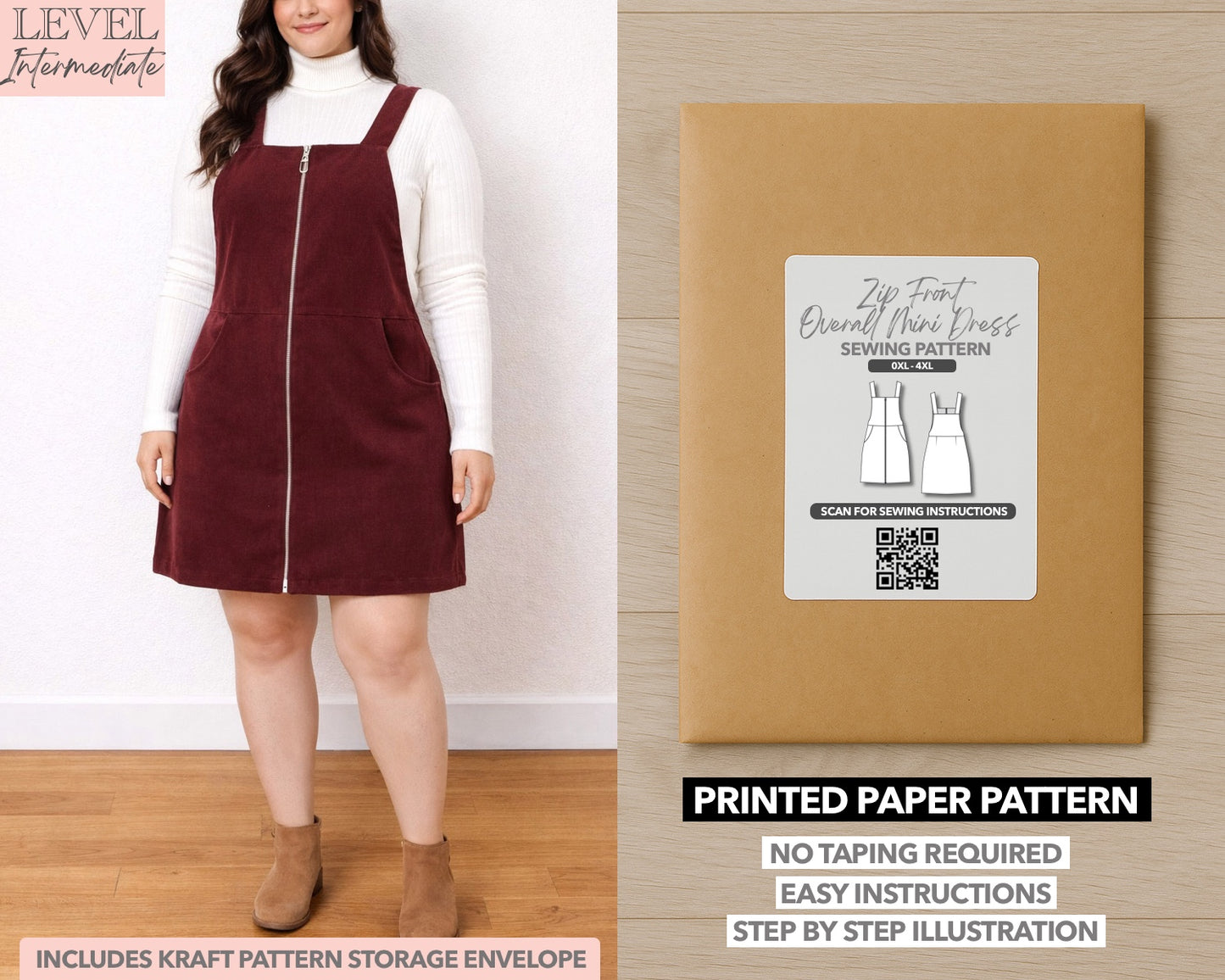 Plus Size Zip Front Pocket Mini Overall Dress printed sewing pattern with easy instructions and step by step illustrations.