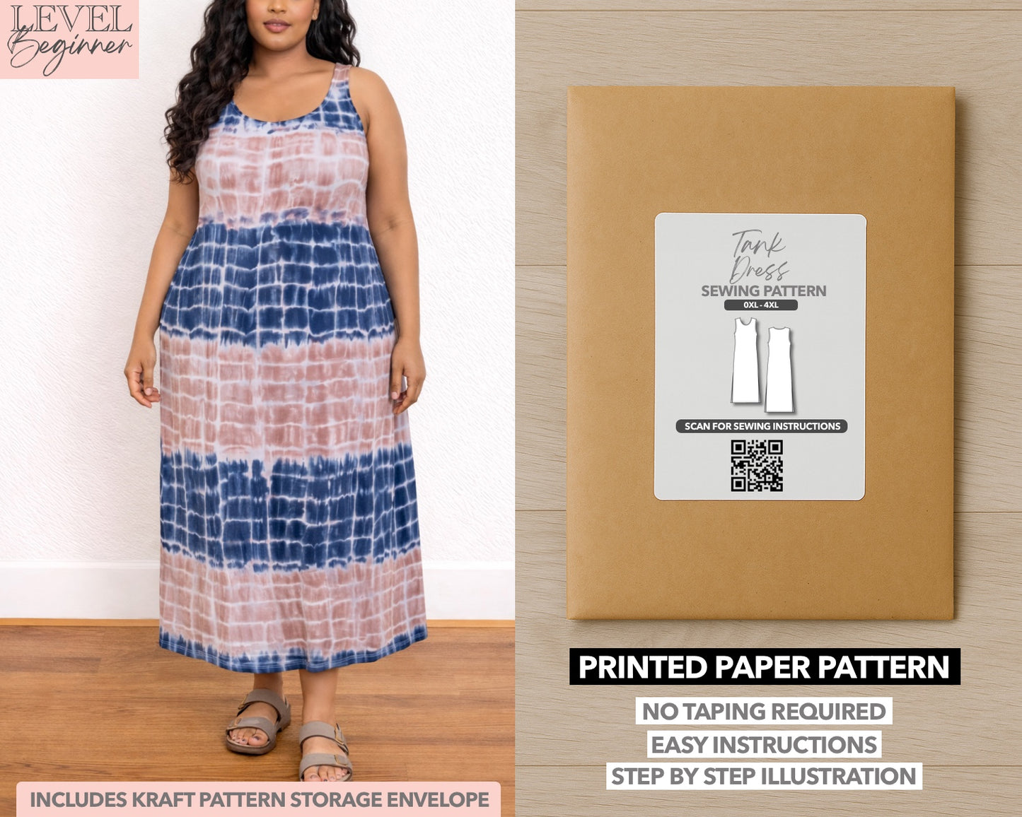 Plus Size Tank Dress printed sewing pattern with easy instructions and step by step illustrations.