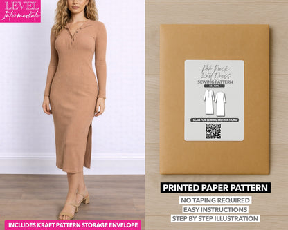 Polo Neck Knit Dress printed sewing pattern with easy instructions and step by step illustrations.